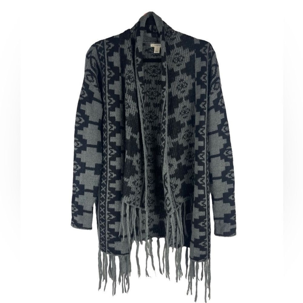 Caslon Women Cardigan Sweater Gray Black Geometric Fringe Open Front Size XS 327 - Picture 3 of 11